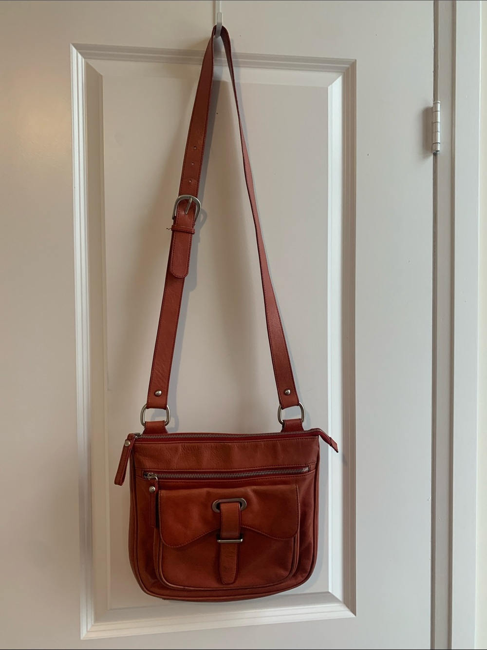 Danier Burnt Orange Genuine Leather Crossbody Bag with Front Buckle Pocket